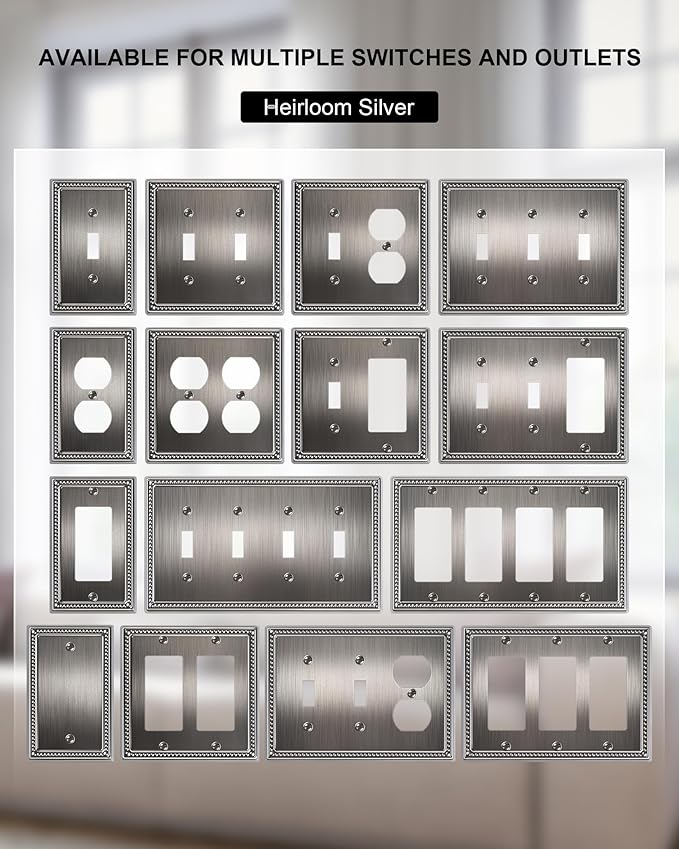 2-Pack Single Toggle Light Switch Cover Plate, Pearls Decorative Switch Plate Covers, Silver 1 Gang Metal Wall Plate, Corrosion Resistant