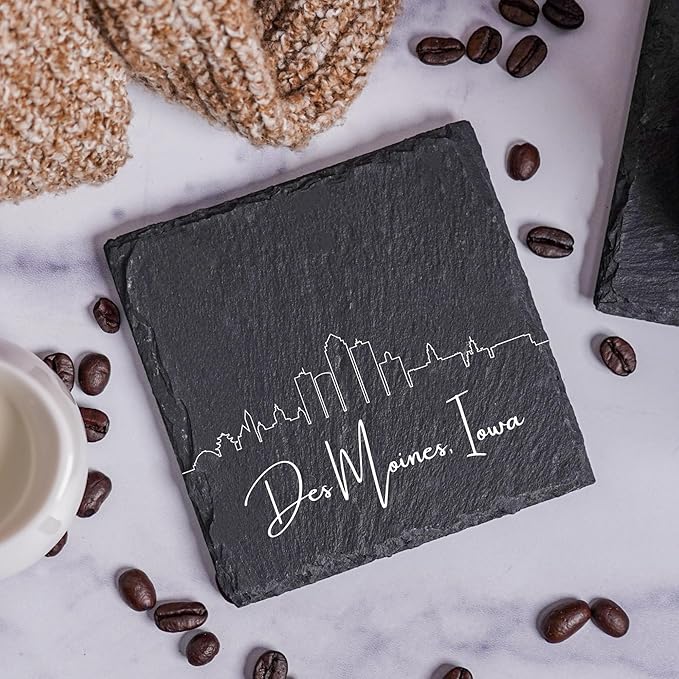 Blue Ridge Mountain Gifts - Des Moines IA Skyline Coasters - Des Moines Iowa Souvenir, Slate Coasters with Minimalist Skyline, Housewarming Gift for Friends, Family, & Neighbors