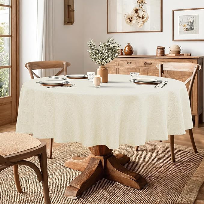 JIUZHEN Round Table Cloth Faux Linen Farmhouse Tablecloth Wrinkle and Stain Resistant Decorative Fabric Table Cover for Kitchen, Dining Room, Parties and Camping, Champagne, 60 Inch Round