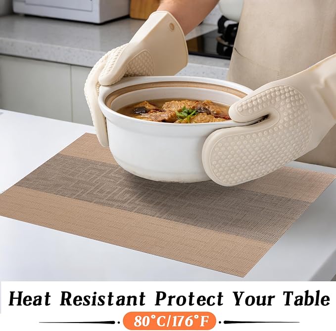 Timeet Placemats Set of 6, Heat Resistant Non-Slip Place Mats for Dining Table, Durable Washable PVC Vinyl Woven Table Mats, Resistant Kitchen Placemats Easy to Clean(Beige & Gray