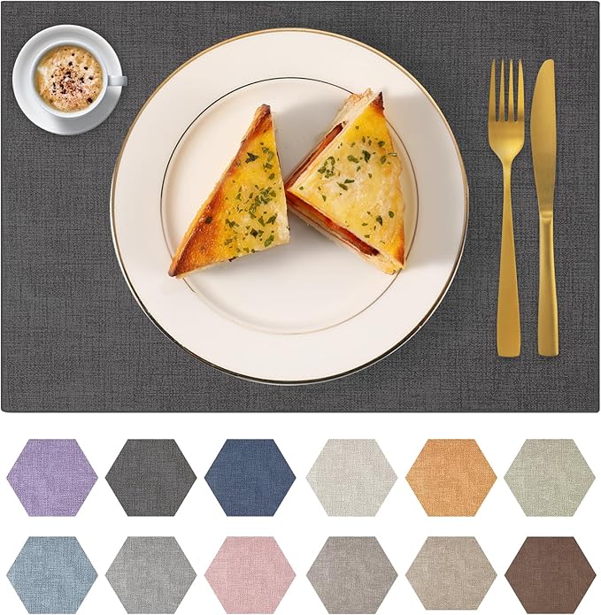 Faux Leather Placemats Set of 4 Washable PU Table mats for Kitchen Table - Heat Resistant, Waterproof, Easy Clean, Anti Slip 11.8" x 17" (Dark Grey-4 Pack)