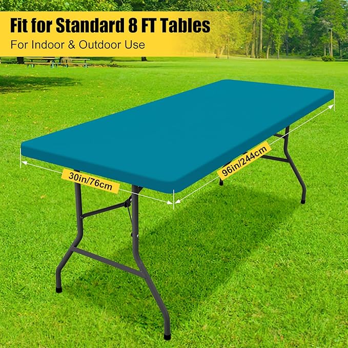 Smiry Rectangle Tablecloth, Elastic Fitted Flannel Backed Vinyl Tablecloths for 8ft Folding Tables, Waterproof Wipeable Table Covers for Indoor, Outdoor, Picnic and Camping (Turquoise, 30"x96")