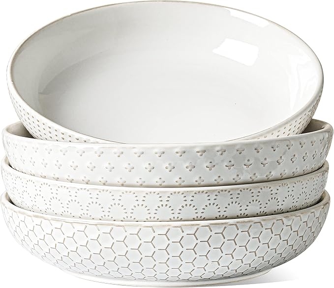 LE TAUCI Pasta Bowls 42oz, Large Salad Bowl, Ceramic Embossment Stoneware Serving Plate for Fruits, Noodle, Dinner, House-warming Wedding Present - 9 Inch, Set of 4, Arctic White