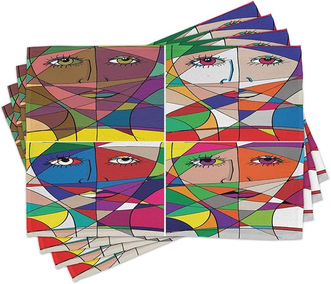 Ambesonne Abstract Place Mats Set of 4, Abstract Woman Face Illustration Behind Stained Glass Styled Human Facial Feature, Washable Fabric Placemats for Dining Room Kitchen Table Decor, Magenta Blue
