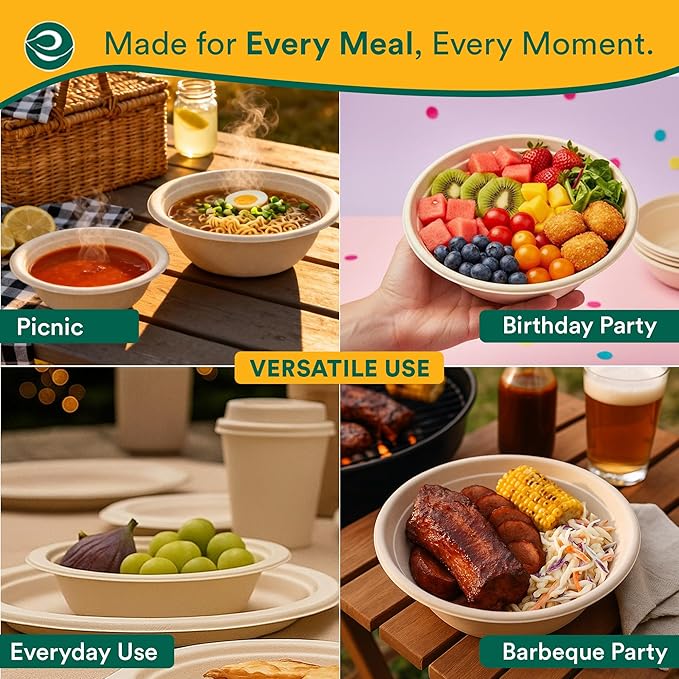 ECO SOUL 100% Compostable 24 Oz Soup Bowls [100-Pack] Disposable Sturdy Bowls I Heavy Duty Paper Bowl I Eco-Friendly Salad Bowl I Biodegradable Large