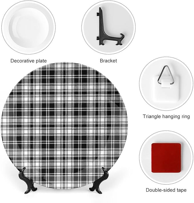 Ceramic Plates, Abstract Decor Decorative Ceramic Plates, British Tartan Stripes Pattern, 7 Inch, Household Plates Decorative, Black White