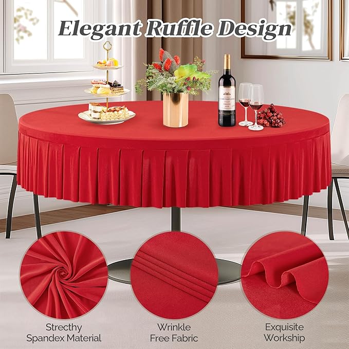 4 Pack Red Spandex Round Tablecloths for 60 Inch Tables, Stretchy Fitted 5FT Cloths, Wrinkle-Free Cover With Skirt for Wedding Party Dining Banquet