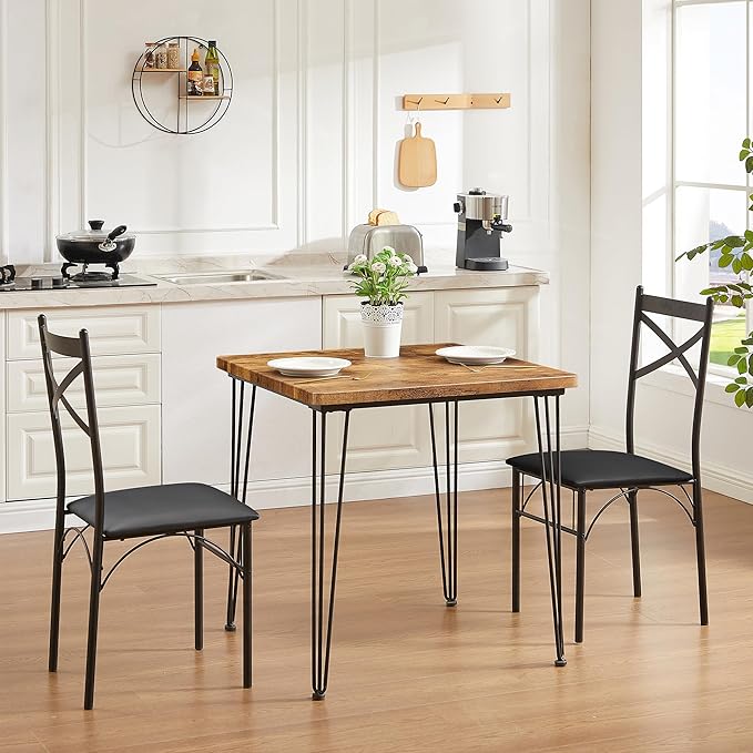 VECELO 3 Piece Dining Table Set for 2, Kitchen Table Set with 2 Chairs for Small Space, Space-Saving and Modern Design, Apartment, Easy to Assemble,Classic Brown
