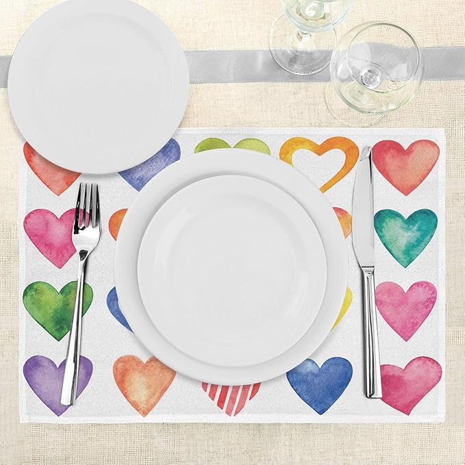 Ambesonne Grunge Place Mats Set of 4, Rainbow Color Heart Shapes Valentine's Day Design Romantic His and Hers Theme, Washable Fabric Placemats for Dining Table, Standard Size, Red Multicolor