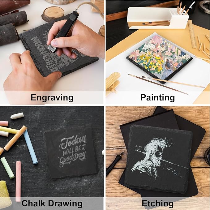 Slate Coasters Set of 72,4-Inch Black Square Stone Drink Coasters with Scratch-Resistant Backing,Durable Tabletop Protection for Home Office Kitchen,Ideal Housewarming Wedding Gifts