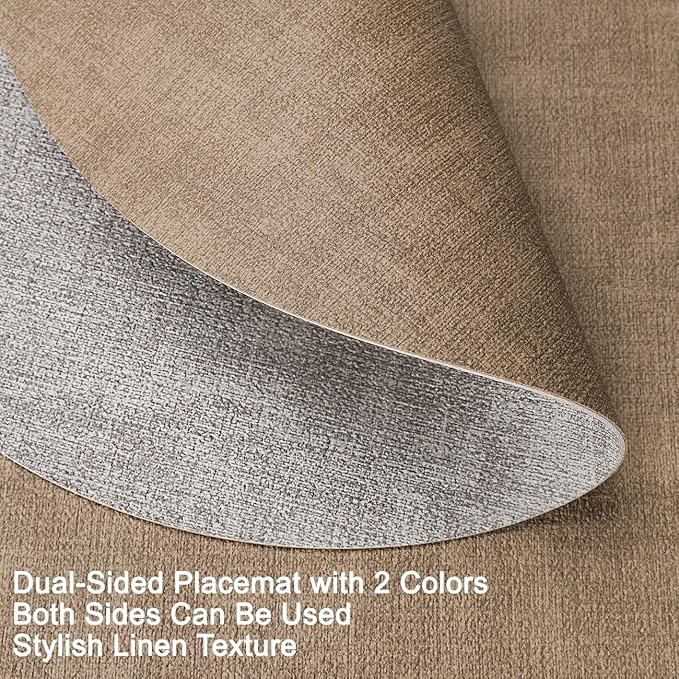 Placemats and Coasters, Washable Placemats Round Faux Leather Wipeable Place Mats Non Slip Heat Resistant Indoor Outdoor Table Mats (Set of 4, Light Gray Beige)