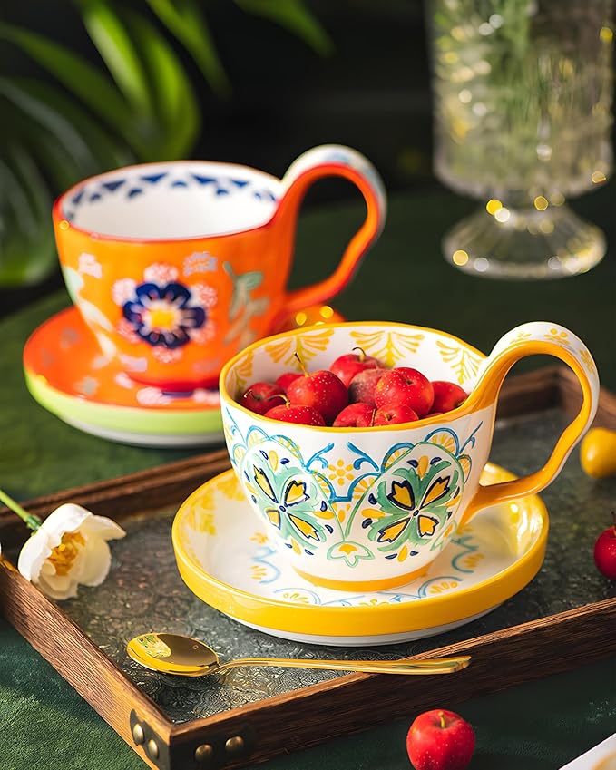 25oz Ceramic Soup Bowl with Handle – Handcrafted Floral Pottery Cereal & Ramen Bowl – Large Microwave & Dishwasher Safe Decorative Bowl for Everyday Use or Gift (Sunset Fiesta, 20oz)