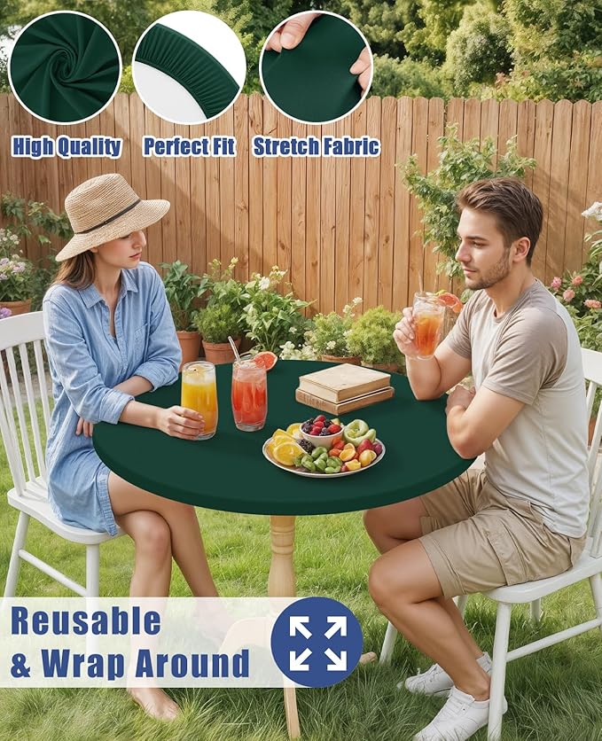 Round Spandex Tablecloth, Elastic Fitted Waterproof Tablecloths for 36"-44" Tables, Stretch Washable Picnic Table Cover for Camping, Dining, Indoor and Outdoor, Hunter Green