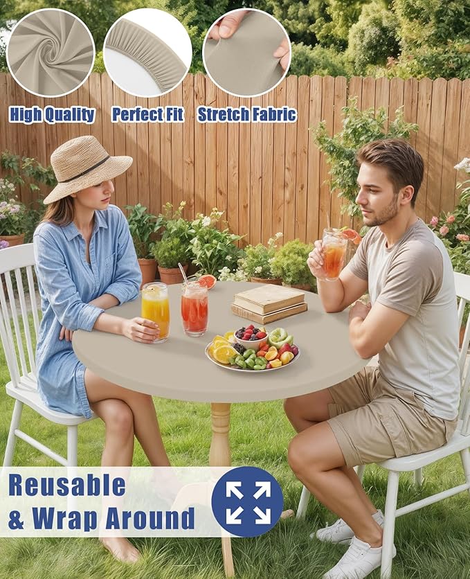 Round Spandex Tablecloth, Elastic Fitted Waterproof Tablecloths for 42"-50" Tables, Stretch Washable Picnic Table Cover for Camping, Dining, Indoor and Outdoor, Taupe