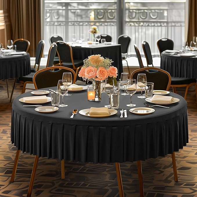 Wish Care 4 Pack Black Spandex Round Tablecloths, 72in, Wrinkle Free, Stretchy Fitted, 6FT Round Table Cloths with Skirt for Wedding, Birthday Party, Banquet