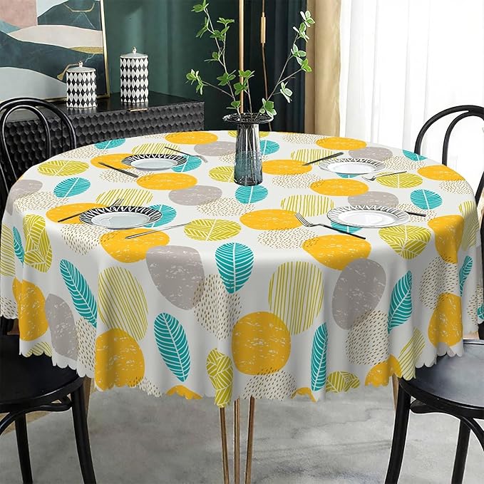 Laeacco 54 Inch Geometric Round Tablecloth Colorful Abstract Oval Leaf Pattern Modern Art Print Table Cloth Washable Waterproof Wrinkle Free Table Cover for Kitchen Dining Picnic Party Decoration