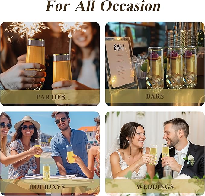 48 Pack 9 oz Stemless Plastic Champagne Flutes, Clear Disposable Champagne Glasses Gold Rim, Shatterproof and BPA-Free Drinkware for Party & Graduation & Wedding