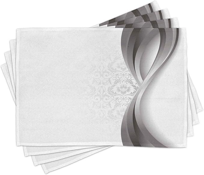 Ambesonne Grey Place Mats Set of 4, Wavy Vertical Curved Stripes with Flowers and Leaves Vintage Damask Inspired, Washable Fabric Placemats for Dining Table, Standard Size, Pale Grey