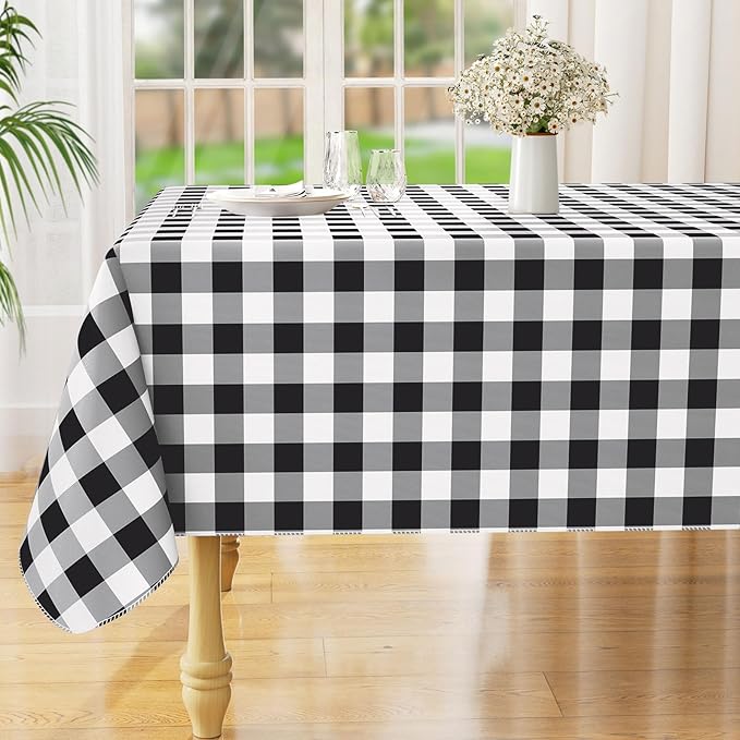 misaya Square Waterproof Vinyl Table Cloth, Buffalo Flannel Backed Tablecloth, Wipeable Plastic Table Cover for Dinner, Kitchen, Outdoor (54" x 54", Black and White)