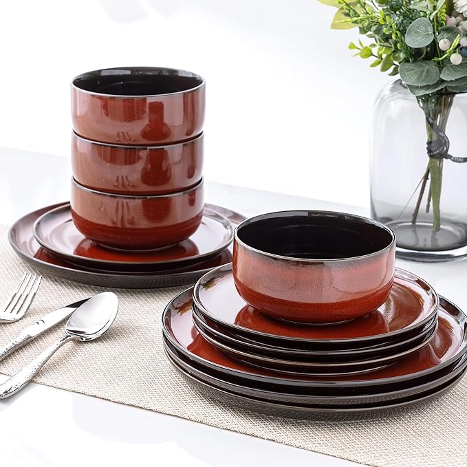 LeRatio Ceramic Dinnerware Sets for 6,Porcelain Plates and Bowls Sets,Handmade Reactive Glaze Dishes Set,Chip Resistant and Scratch Resistant | Oven&Dishwasher & Microwave Safe-Red(18PCS)