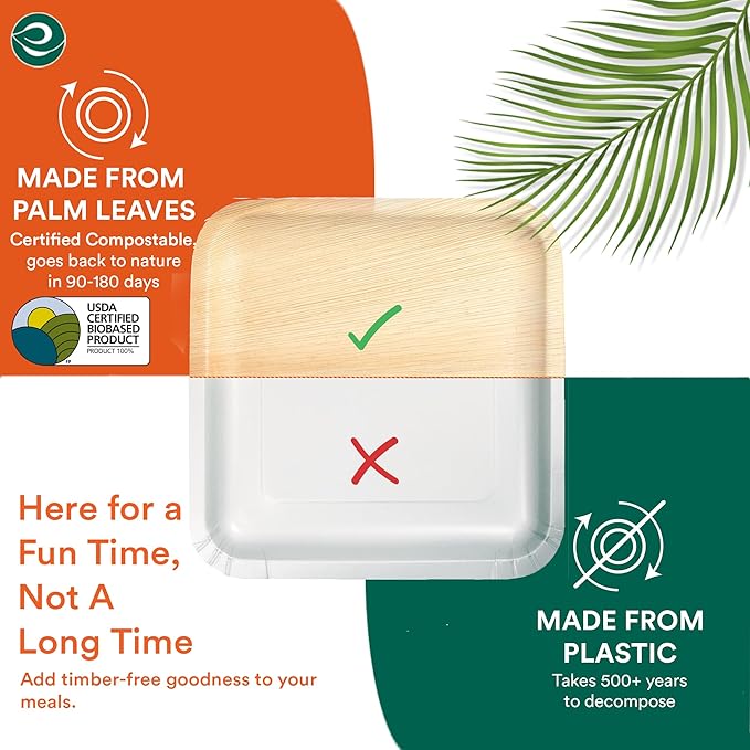 ECO SOUL Palm Leaf Disposable Bamboo Plates 10" Square Compostable & Biodegradable Party Plates for Dinner, Weddings, Parties & Events 50 Count