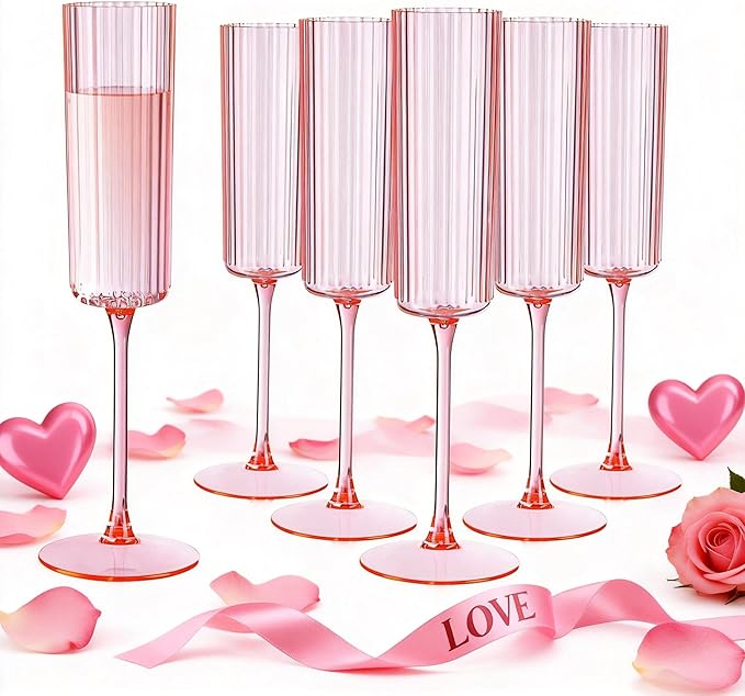 Ciaell 24 Pack Pink Plastic Champagne Flutes - 6oz Ribbed Disposable Champagne Glasses - Pink Vintage Mimosa Glasses with Long Stem, Elegant & Lightweight for Weddings and Party