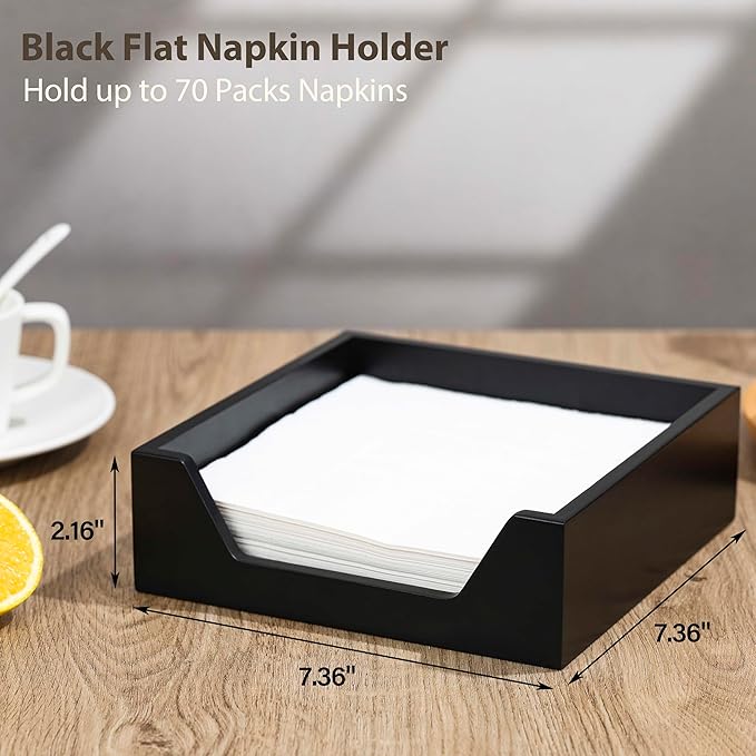 Napkin Holder for Table, 7.36" x 7.36" x 2.16" Wooden Napkin Dispenser with Side Large Opening for Paper Napkins, Modern Style Square Napkin Holder, Home Kitchen Dining Tabletop Decor, Black