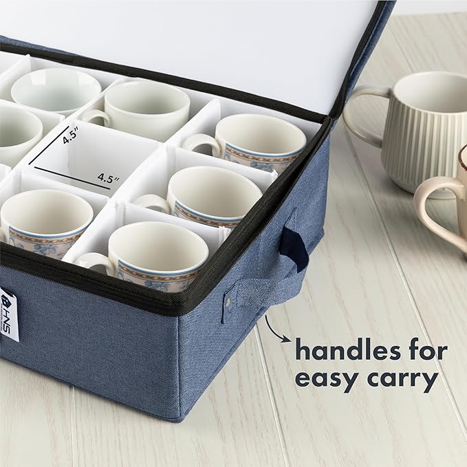 Mug Storage Container - Hard Shell China Organizer with Dividers – Holds 12 Mugs - Durable & Stackable Storage Box for Seasonal Dishware Protection - Denim Blue