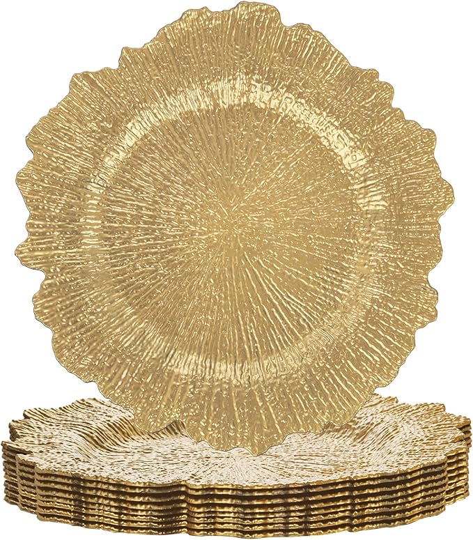 LIYH 8 Pcs Gold Charger Plates 13'' Plastic Round Chargers Plates Reusable Wedding Dinner for for Table Setting Wedding Party Decoration