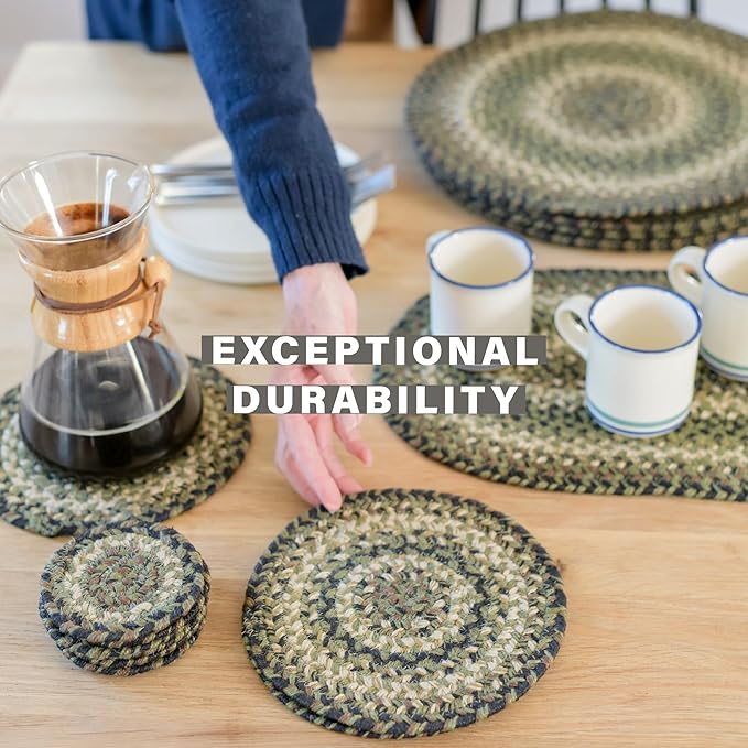Homespice Pinecone Round Braided Placemats, Warm Country Rustic Decor, Set of 2, 15", Green Jute Table Mats - Vibrant Colors, Durable, Easy to Clean and Protects Furniture