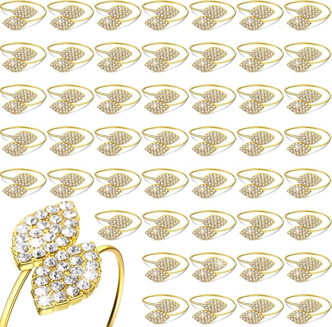 Hotop 72 Pcs Valentine's Day Napkin Rings Gold Table Decorations, Elegant Bling Leaves Napkin Rings, Rhinestone Guest Towels Buckle for Holiday Gather Party, Wedding Dinner Banquet Table Decoration