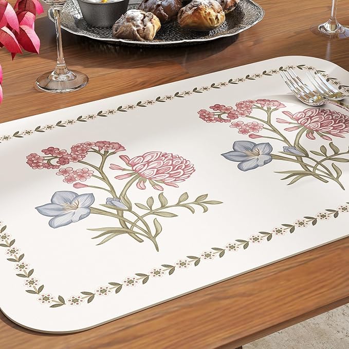 ISAENNE French Cottage Floral Rectangle PVC Placemats Set of 6, Waterproof and Heat-Resistant Place Mats.Decoration for Kitchen, Dinning, Parties, Holiday,12"*17"