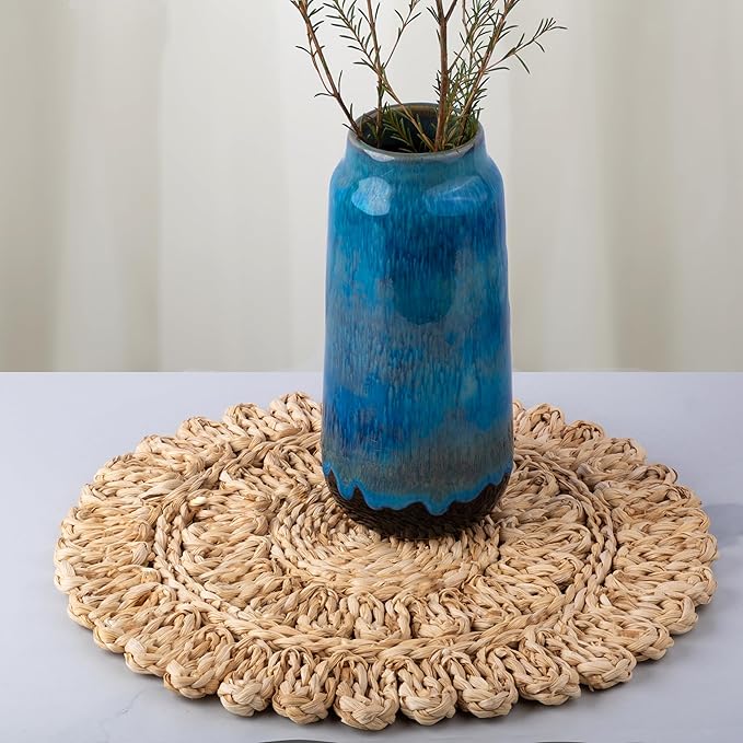 13.8" Corn Husk Woven Round Placemats Set of 12 - Wicker Boho Farmhouse Placemats - Rattan Table Mats Like Water Hyacinth for Dining Table, Wedding, Home, Christmas, Party