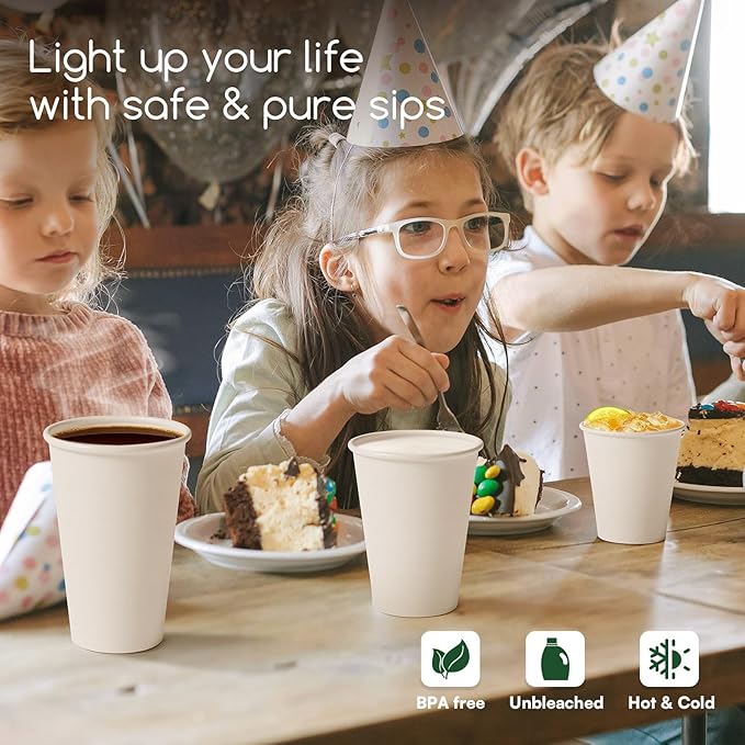 16 oz Coffee Cups Disposable White Paper Cups,180 Pack BPA Free Unbleached Disposable Cups, 300GSM Thickened Hot Cups, Leak Proof Drink Water Cups for Everyday Use Office Party Cafe Supply Essentials