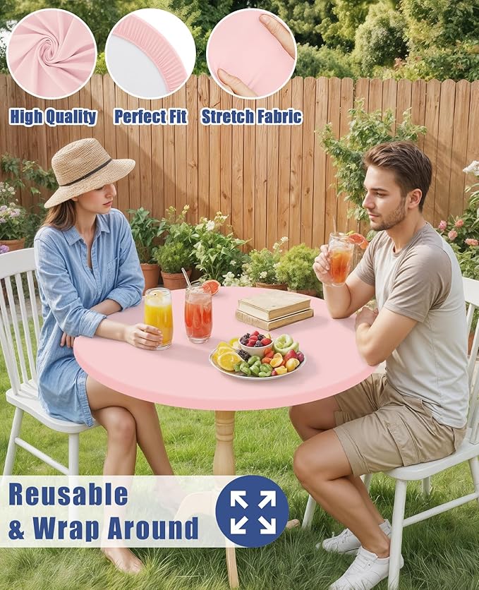 Round Spandex Valentines Day Tablecloth, Elastic Fitted Waterproof Tablecloths for 36"-44" Tables, Stretch Washable Picnic Table Cover for Camping, Dining, Indoor and Outdoor, Pink