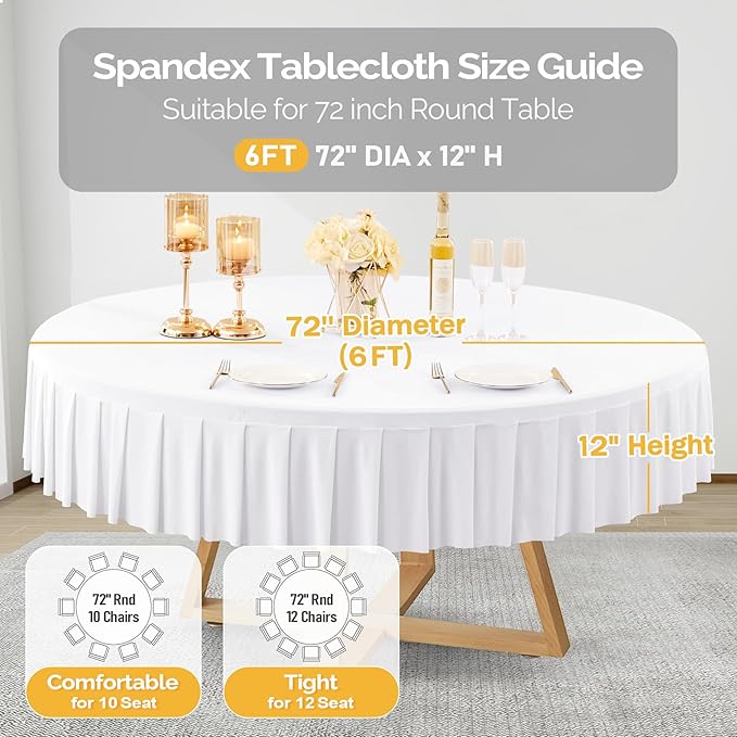 6 Pack White Spandex Round Tablecloths for 72in Table, Stretchy Fitted 6FT Round Table Cloths, Wrinkle Free Table Cover with Skirt for Wedding Birthday Party Bridal Shower Banquet