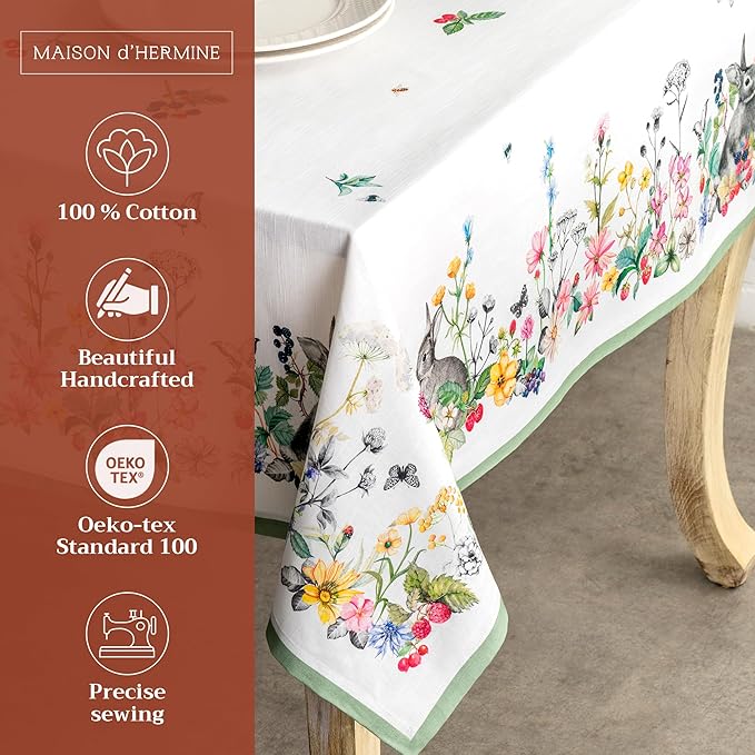 Maison d' Hermine Table Cloth Rectangle Table 100% Cotton 60 x 108 Inches Tablecloth Reusable Decorative for Dining Room Farmhouse Home Valentines Day Decorations Spring Summer - Printemps