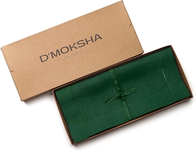 D'Moksha Homes Linen Forest Green Table Runner 60 Inches - Classic Hemstitch, 100% Pure Linen Coffee Table Runner 14 x 60 Inch Ideal for Dresser Tables - St Patricks Day, Easter