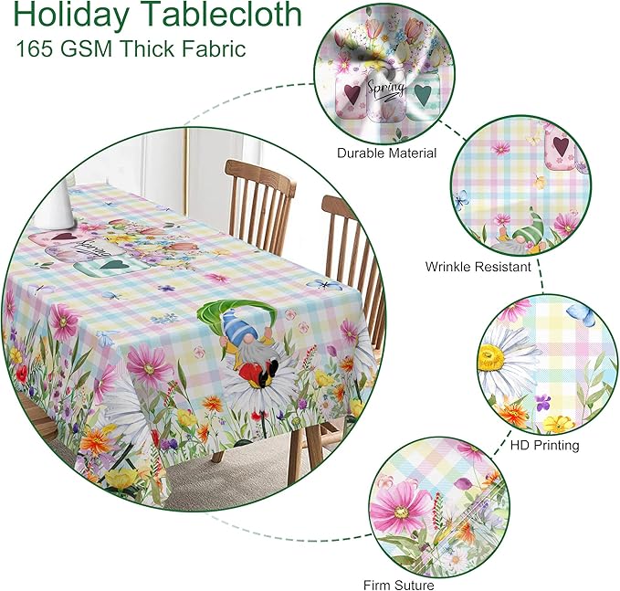 Spring Tablecloth Rectangle 60 x 84 With Gnome Flowers, Buffalo Check Plaid Kitchen Table Cover for Dining Room Indoor Decor