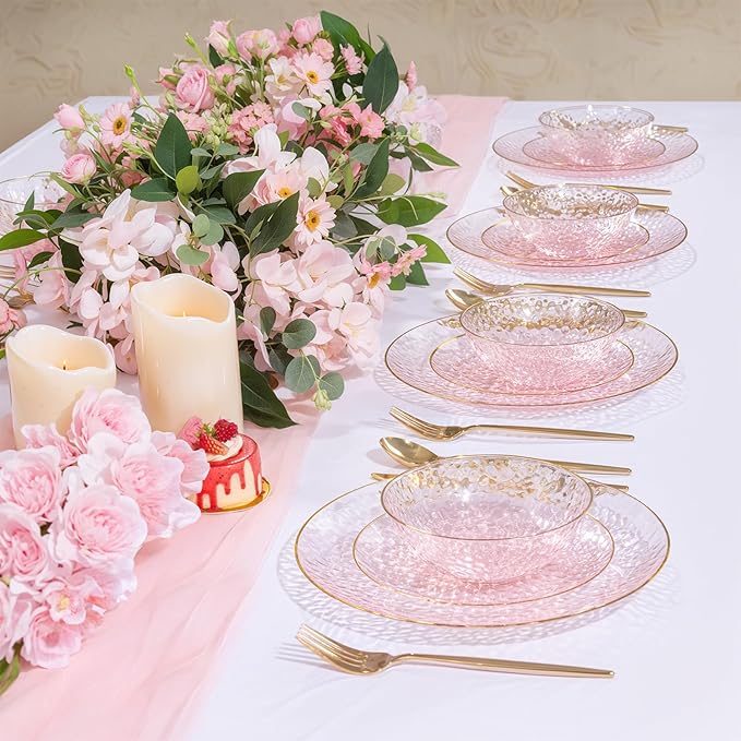 I00000 20 Pack 12 Ounce Pink Plastic Bowls Hammered Gold Rimmed Crystal Like, Heavy duty Disposable Bowl Set,Elegant Soup/Salad/Dessert/Ice Cream Small Bowls For Valentine's Day Party, Weddings