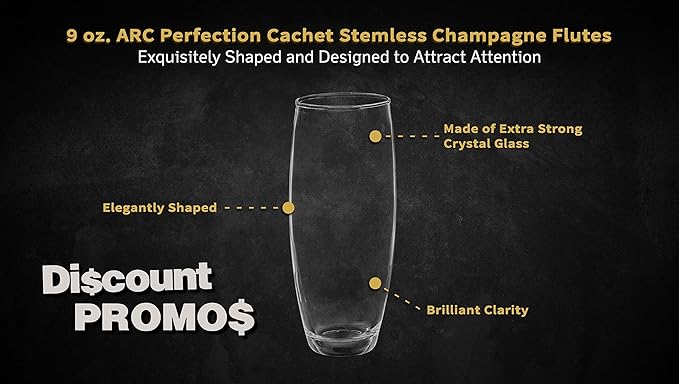 DISCOUNT PROMOS 10 ARC Stemless Champagne Flutes Set, 9 oz. - Cachet, Glassware, Cocktails - Clear
