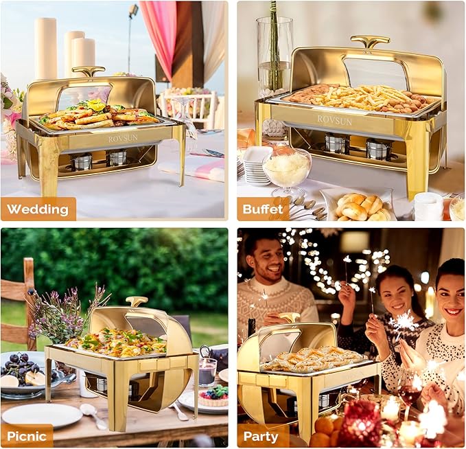 ROVSUN 9QT Chafing Dishes for Buffet, Roll Top Chafing Dish Buffet Set, Stainless Steel Buffet Warmer Chafers and Buffet Warmers Sets with Glass Window for Catering Events Parties Weddings, Gold