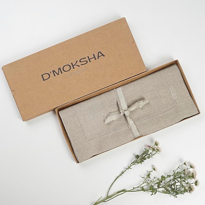 D'Moksha Homes Linen Natural Table Runner 84 Inches Long - 100% Pure Linen Table Runner 14 x 84 Inch for Valentines, Spring, Easter - Classic Hemstitch