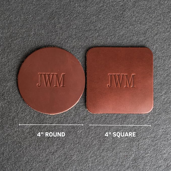 Ox & Pine Personalized Leather Coaster - Sold Individually or in Sets of 4 - Customize Inscription - 100% Full-Grain Leather – 4" Round or 4" Square (Round, Stone Natural, 1 Individual Coaster)