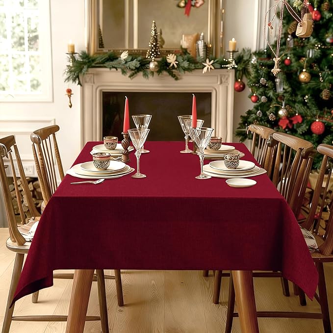 Hiasan 2 Pack Faux Linen Rectangle Tablecloth - Wrinkle and Stain Resistant Washable Table Cloth for Kitchen Dining Room Holiday Table Cover for Party Dinner, Red, 54 x 120 Inch