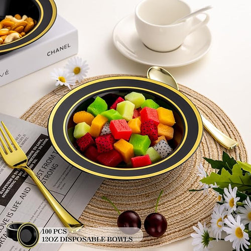 100 Pack Black Disposable Soup Bowls with Gold Rim,12oz Disposable Soup Bowls,Disposable Soup Dessert Salad Bowls for Wedding/Party/Catered Events