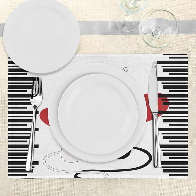 Ambesonne Cats Place Mats Set of 4, Romantic Kittens Pets Couple 2 Tails Hearts and Black Stripes Animals in Love, Washable Fabric Placemats for Dining Table, Standard Size, White and Black