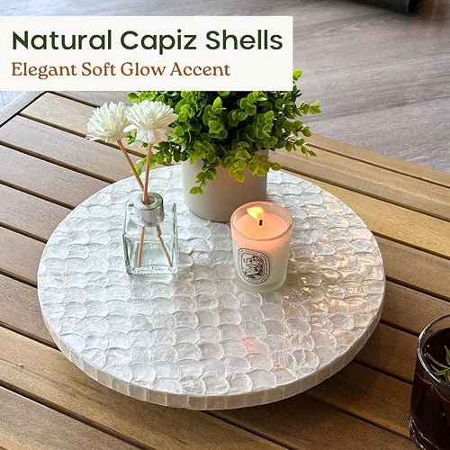 12 Inch Capiz Lazy Susan, Decorative Lazy Susan Turntable Centerpiece for Dining Table, Kitchen Counter, Round Mother of Pearl Capiz Shell Spinning Tray for Countertop & Tabletop (White)