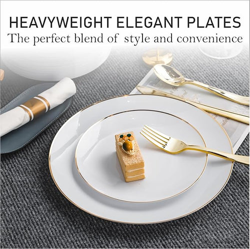 100PCS White Dinnerware Combo | 50 Gold Rim Appetizer/Dessert Plates (7.5in) & 50 Dinner Plates (10in) | Heavy Duty Disposable Plastic Plates For Wedding, Parties, Catering