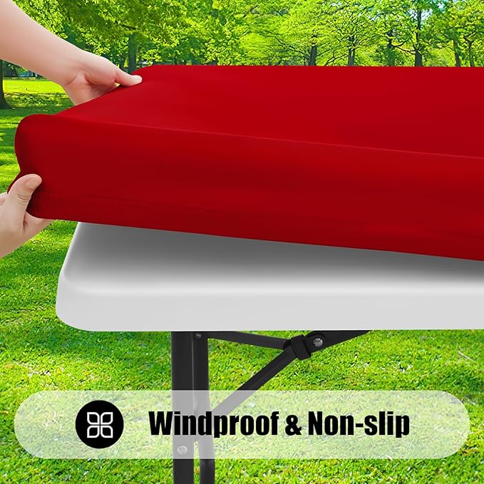 Smiry Rectangle Picnic Table Cloth, Waterproof Elastic Fitted Tablecloths for 6 Foot Tables, Washable Polyester Table Cover for Camping, Indoor and Outdoor (Red, 36"x72")
